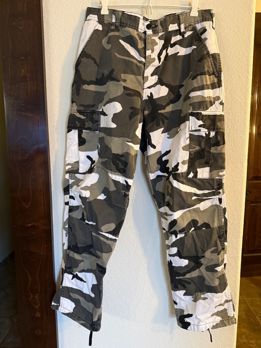White and Olive Green Camo Cargo Pants